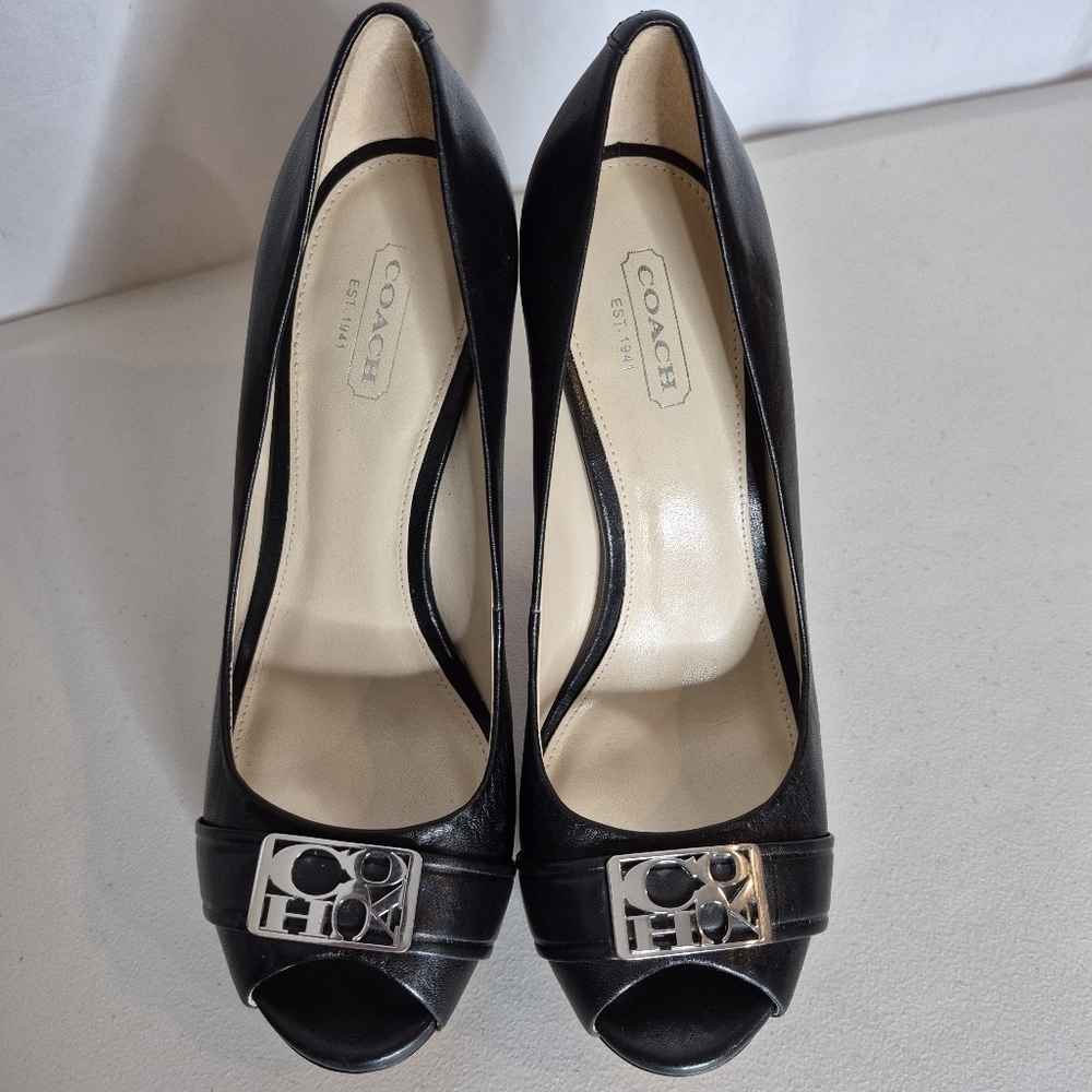 Coach Aliya Black Leather Peep-Toe Platform Stiletto High Heels - Size 7 - Picture 7 of 15